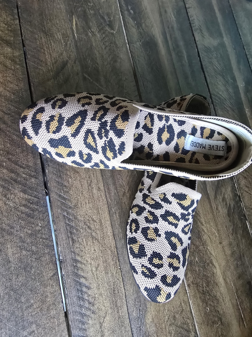 Steve Madden Leopard Print Slip-On Flats in Beige, Black & Gold